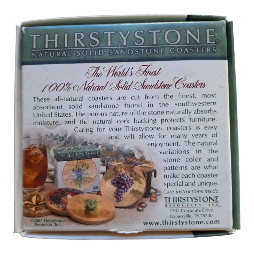 NIB Thirstystone Natural Sandstone Coasters 4 Piece Set Cork Circle Neutral USA